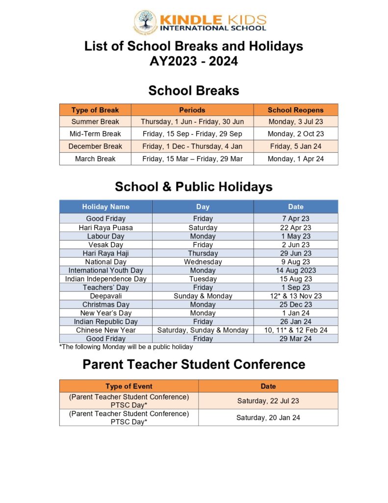 list of school breaks and holidays KKIS